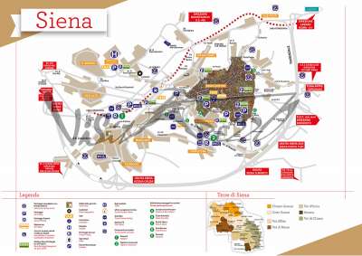 Cartina e mappa turistica di Siena. Mappa disegnata a volo d’uccello