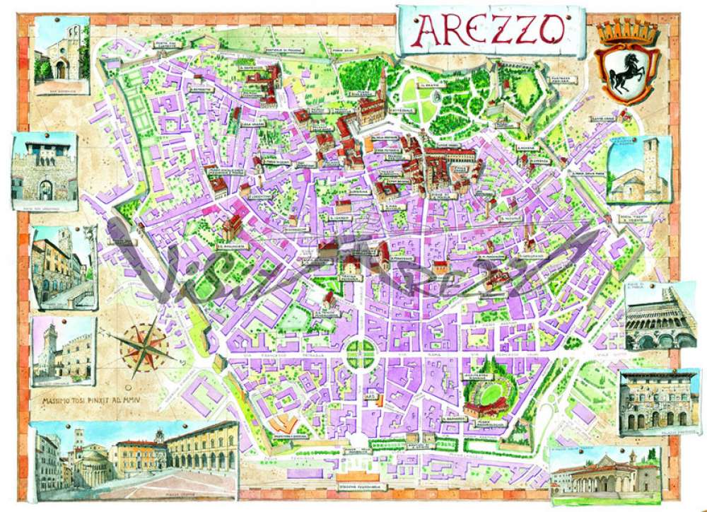 Cartina e mappa turistica del centro storico di arezzo. Mappa disegnata a volo d’uccello
