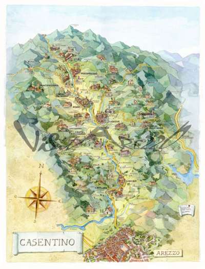 Cartina e mappa turistica del casentino. Mappa disegnata a volo d’uccello