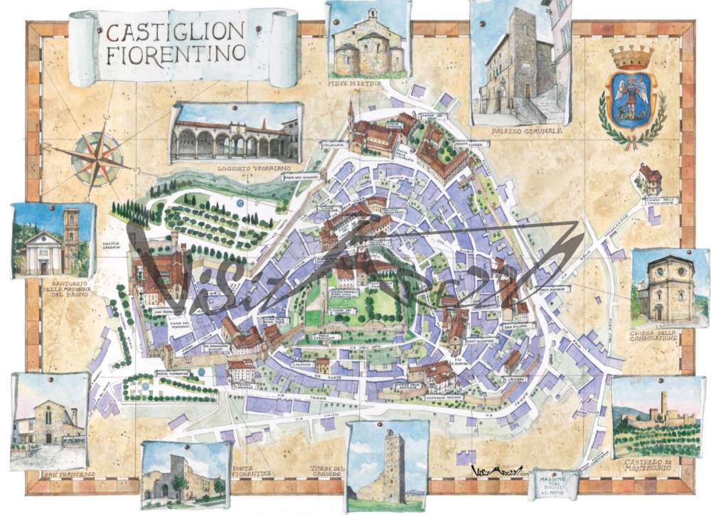 Cartina e mappa turistica di Castiglion Fiorentino. Mappa disegnata a volo d’uccello