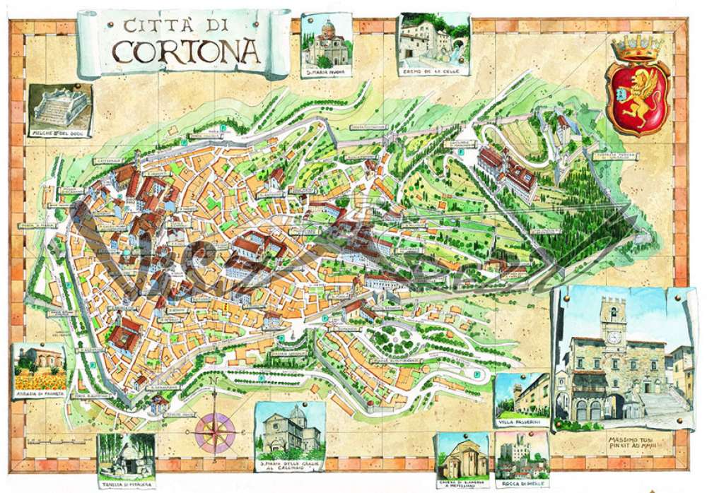 Cartina e mappa turistica del centro storico di Cortona. Mappa disegnata a volo d’uccello