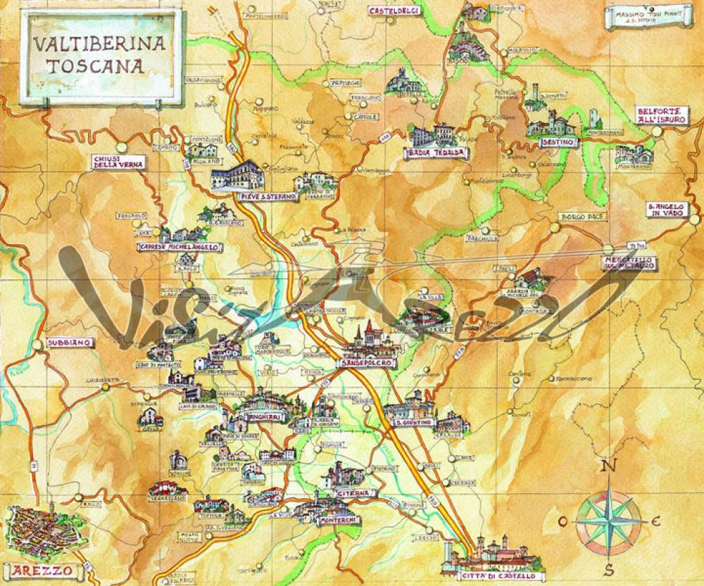 Cartina e mappa turistica della Valtiberina. Mappa disegnata a volo d’uccello