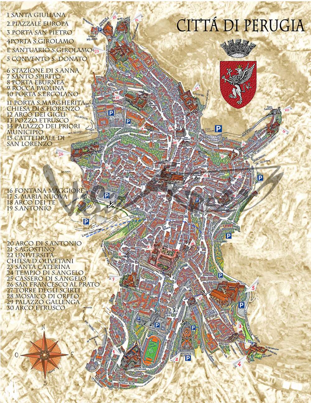 Cartina e mappa turistica del centro storico di Perugia. Mappa disegnata a volo d’uccello