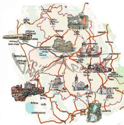 Cartina e mappa turistica della Provincia di Perugia. Mappa disegnata a volo d’uccello