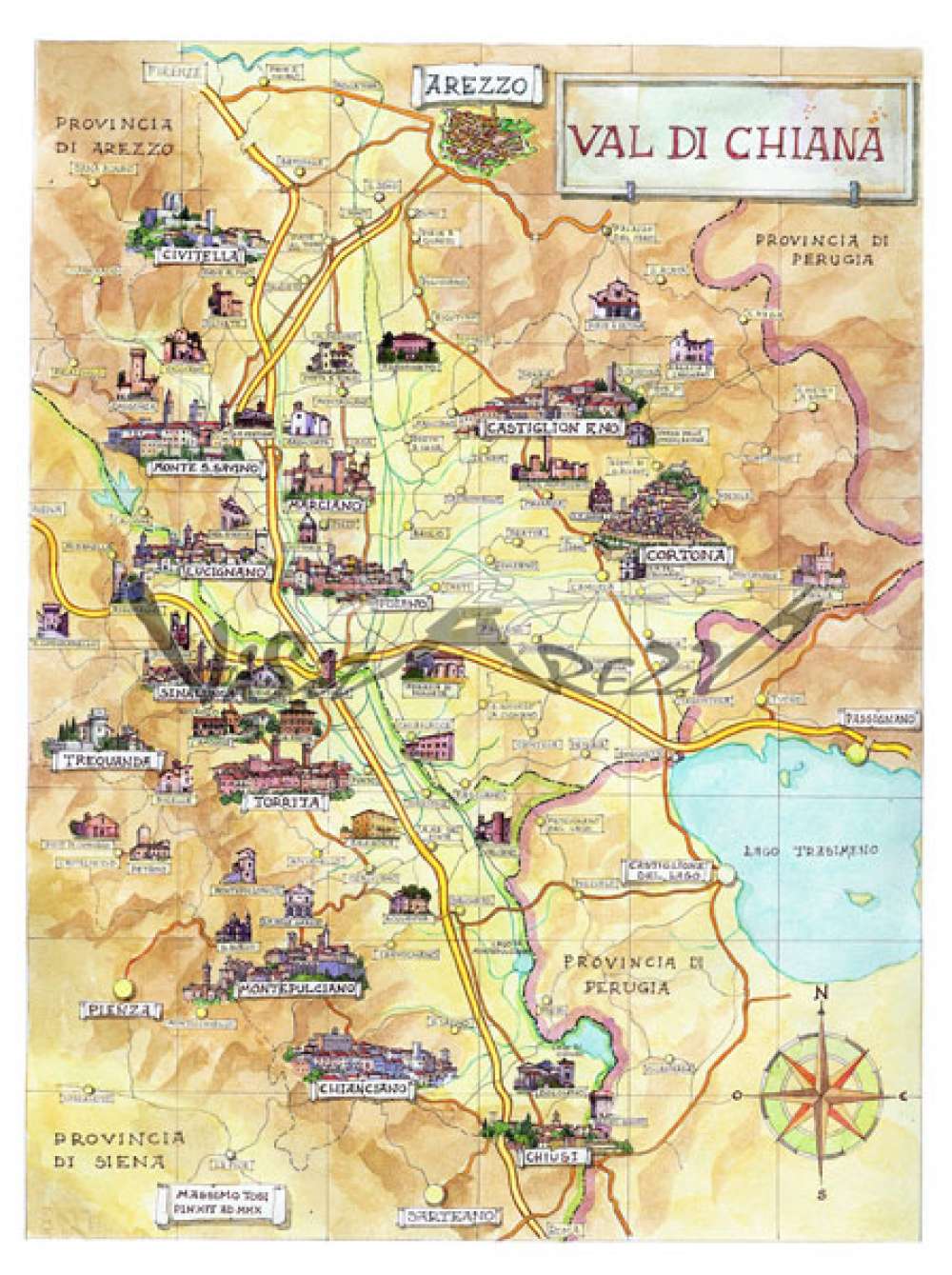 Cartina e mappa turistica della Valdichiana. Mappa disegnata a volo d’uccello