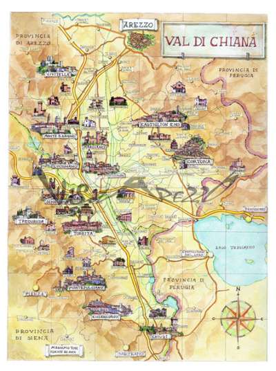 Cartina e mappa turistica della Valdichiana. Mappa disegnata a volo d’uccello