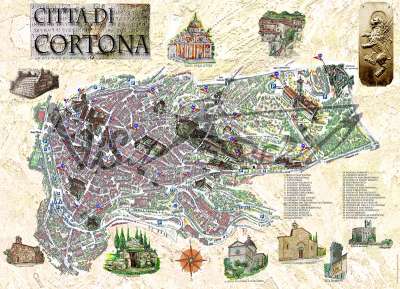 Cartina e mappa turistica del centro storico di Cortona. Mappa disegnata a volo d’uccello