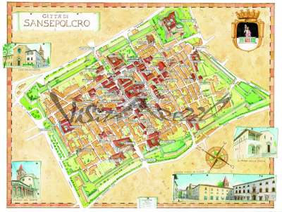 Cartina e mappa turistica del centro storico di Sansepolcro. Mappa disegnata a volo d’uccello