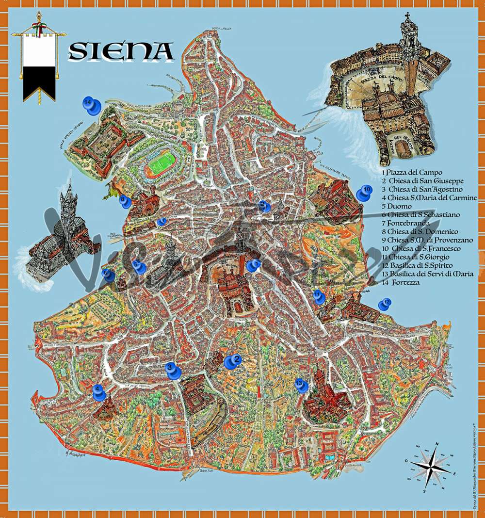 Cartina e mappa turistica del centro storico di Siena. Mappa disegnata a volo d’uccello