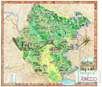 Cartina e mappa turistica della Provincia di Arezzo. Mappa disegnata a volo d’uccello